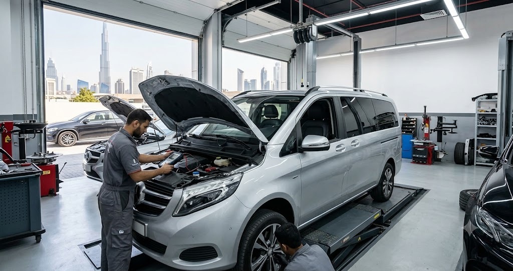Mercedes V-Class being repaired and serviced at an independent Mercedes workshop in Dubai