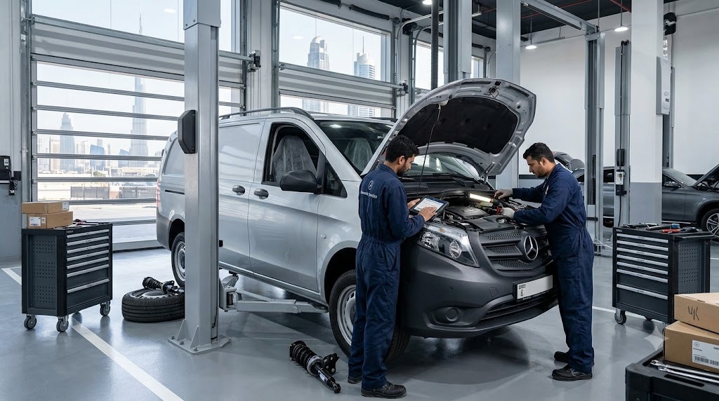 Mercedes Vito van being repaired and serviced at an independent Mercedes Vito workshop in Dubai