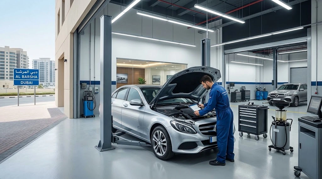 Mercedes-Benz being serviced by a specialist mechanic for owners in Al Barsha, Dubai