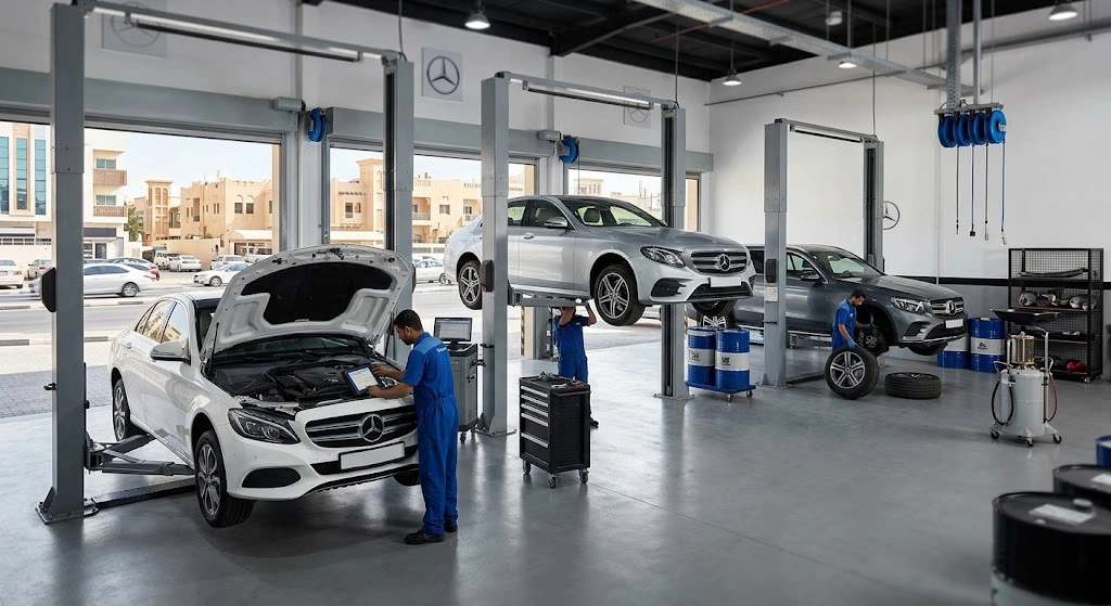 Mercedes-Benz being serviced by a trained mechanic at an independent Mercedes garage serving Al Karama, Dubai