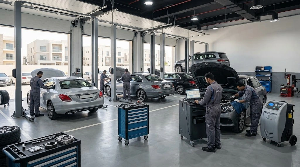 Mercedes-Benz being serviced by a specialist Mercedes mechanic for an Al Nahda Dubai customer