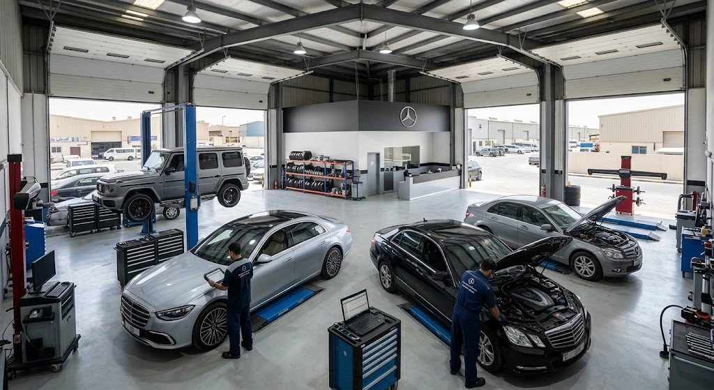 Mercedes-Benz being serviced by a specialist mechanic at a Mercedes garage near Al Quoz, Dubai