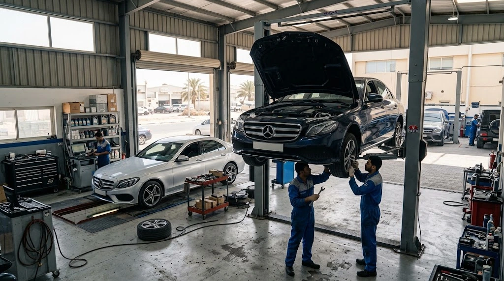 Mercedes-Benz being serviced by a specialist Mercedes mechanic for an Al Qusais Dubai customer