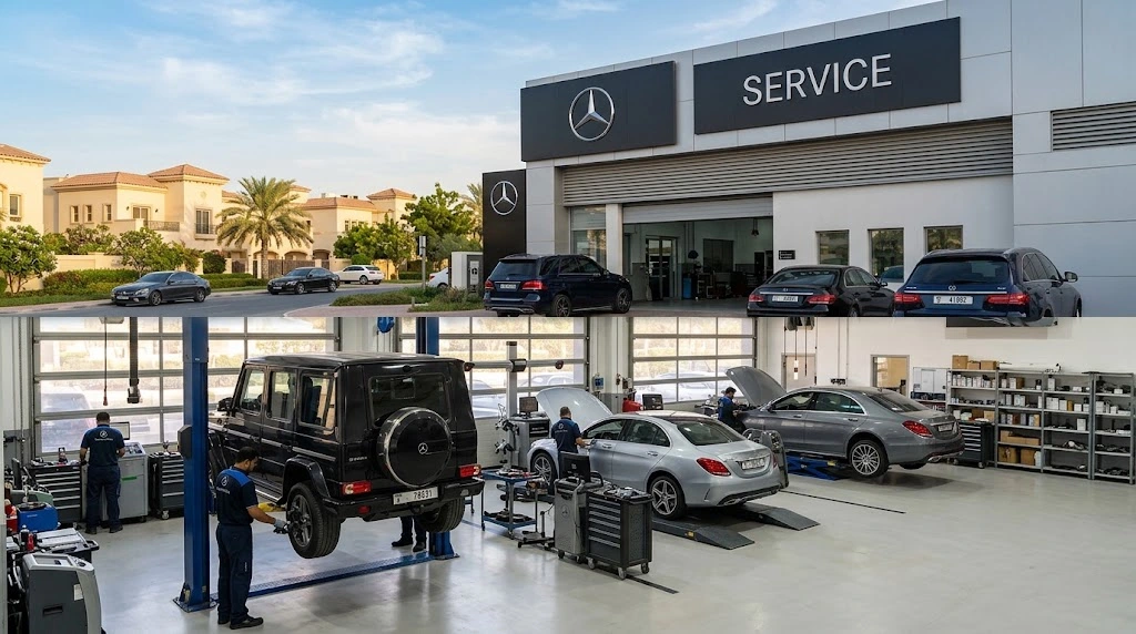 Mercedes-Benz being serviced by a specialist Mercedes mechanic for Arabian Ranches Dubai customers