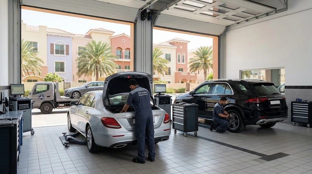 Mercedes repair and service specialist collecting a Mercedes-Benz in Discovery Gardens, Dubai