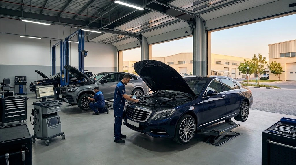 Mercedes-Benz being serviced by a Mercedes specialist workshop for Dubai Investment Park customers