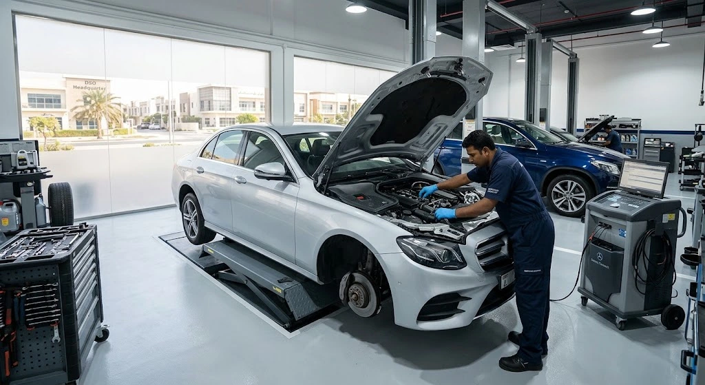 Mercedes-Benz being serviced by a specialist mechanic for owners in Dubai Silicon Oasis