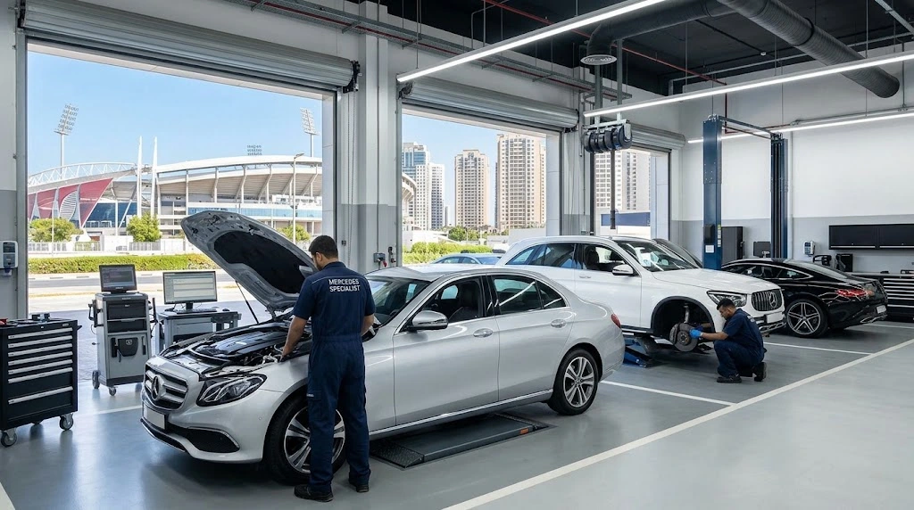 Mercedes-Benz being serviced by a specialist mechanic for a Dubai Sports City owner