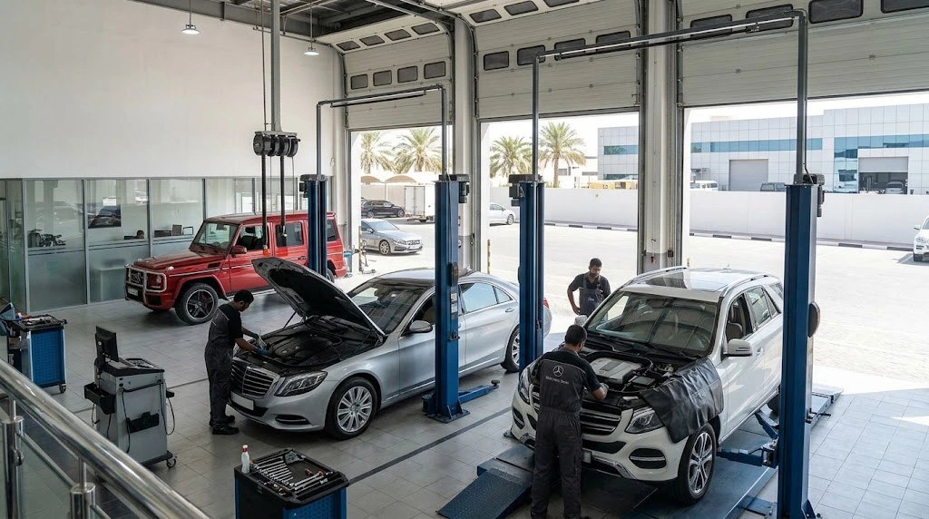 Mercedes-Benz being serviced by a Mercedes specialist workshop in Jebel Ali, Dubai