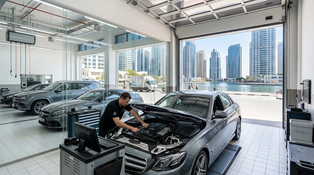 Mercedes-Benz being serviced by a specialist mechanic for a Jumeirah Lakes Towers customer in Dubai