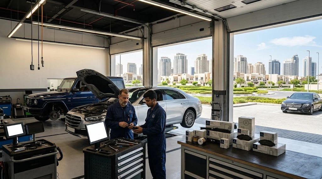 Mercedes-Benz being serviced by a specialist mechanic for a Jumeirah Village Circle owner in Dubai