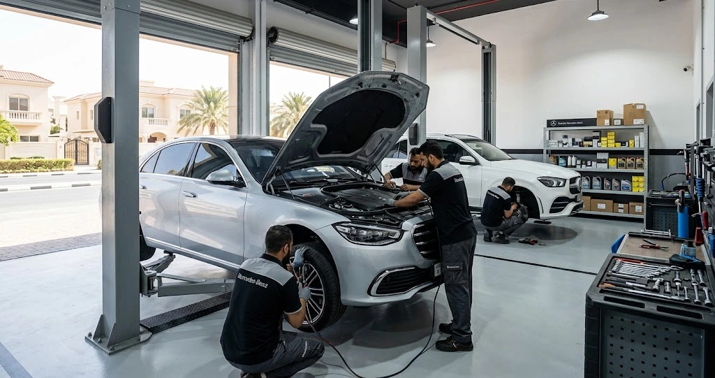 Mercedes-Benz being serviced by a specialist Mercedes mechanic for Mirdif Dubai customers