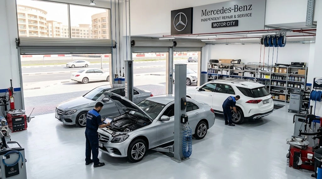 Mercedes-Benz being serviced by a specialist Mercedes mechanic for Motor City Dubai owners