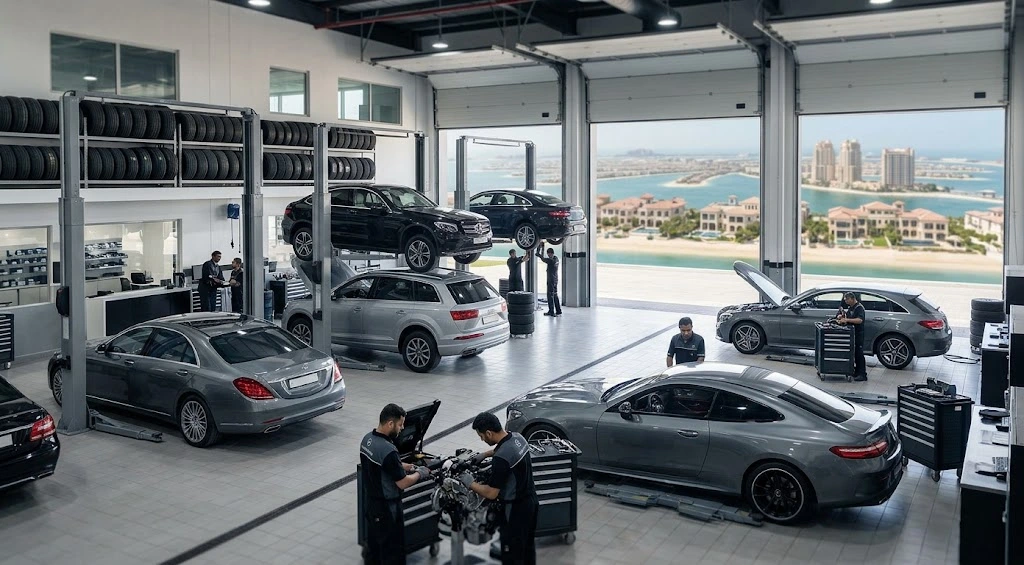 Mercedes-Benz being serviced by a specialist Mercedes mechanic for Palm Jumeirah customers in Dubai