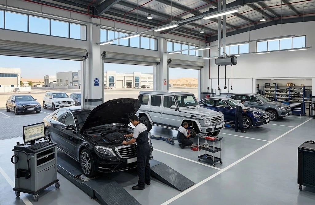 Mercedes-Benz being serviced by a trained specialist mechanic for a Ras Al Khor customer in Dubai