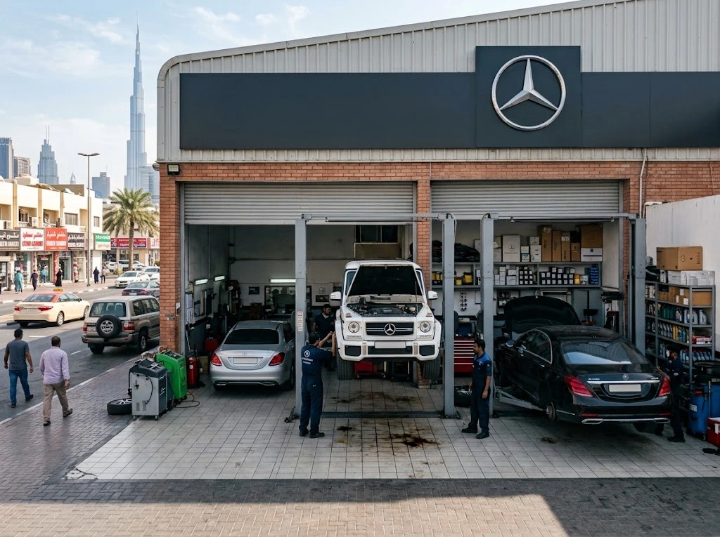 Mercedes-Benz being serviced by a specialist mechanic for a Mercedes repair in Satwa, Dubai