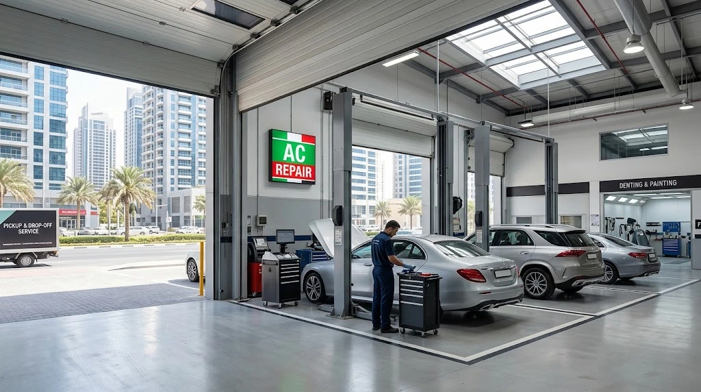 Mercedes-Benz being serviced by a specialist mechanic for a Tecom Dubai customer