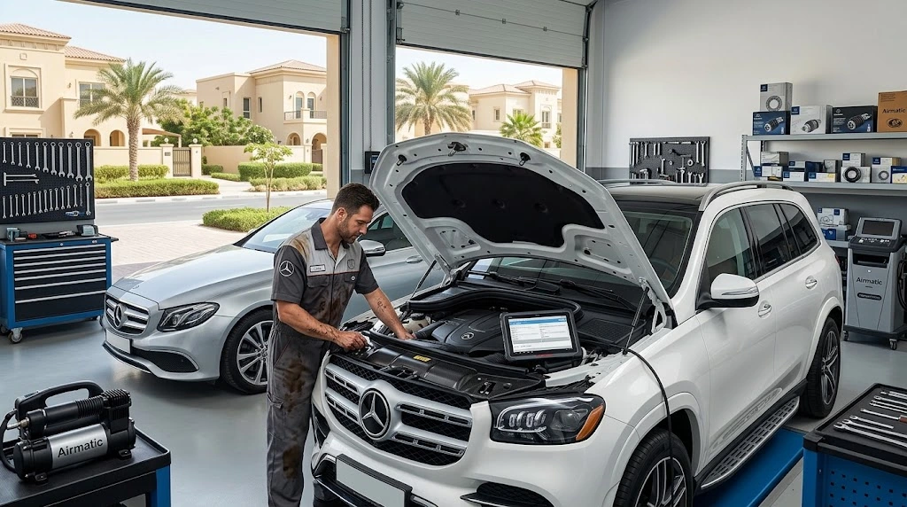 Mercedes-Benz specialist mechanic servicing a car for a customer in The Springs, Dubai