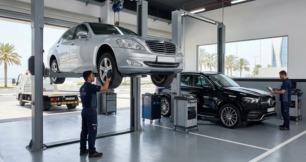 Mercedes-Benz being serviced by a specialist mechanic at a Mercedes workshop for Umm Suqeim Dubai customers