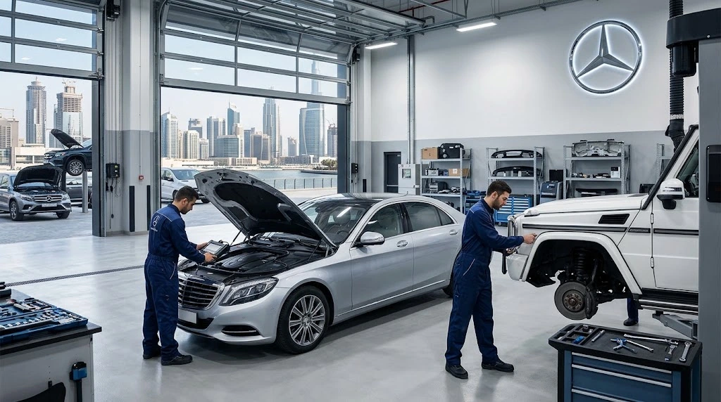 Mercedes-Benz being serviced by a specialist Mercedes mechanic in Business Bay, Dubai