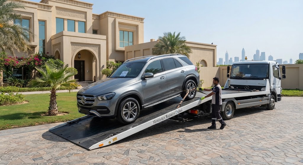 Mercedes-Benz GLE being collected from a villa driveway in Dubai for repair