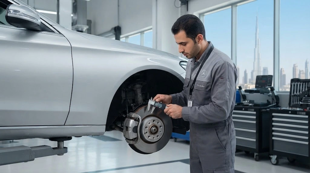 Mercedes-Benz technician inspecting brake pads and discs during a Service B in Dubai