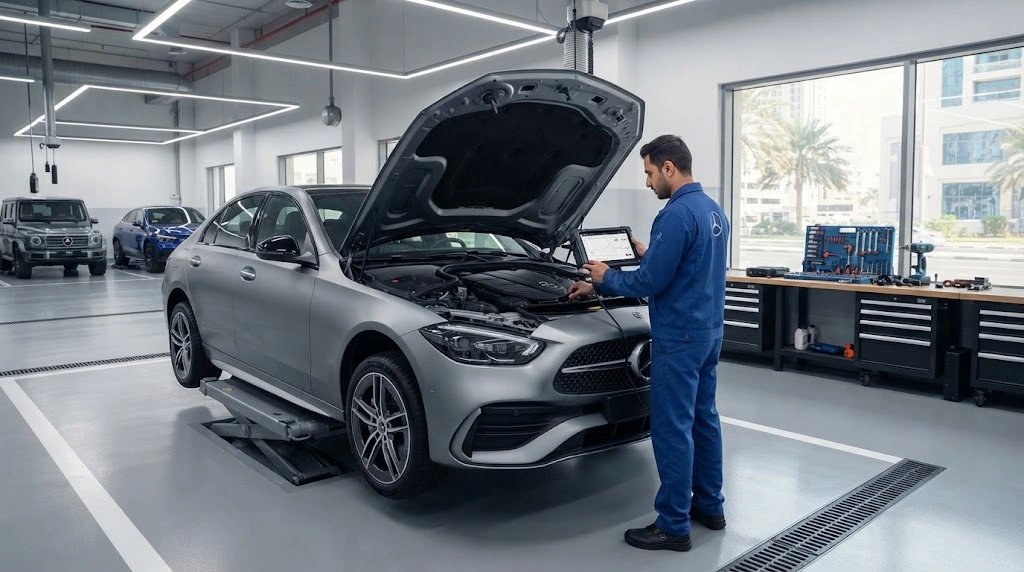 Technician running diagnostics on a Mercedes-Benz at a Mercedes service center in Dubai