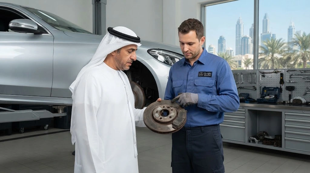 independent Mercedes specialist showing a customer worn brake components in a Dubai workshop